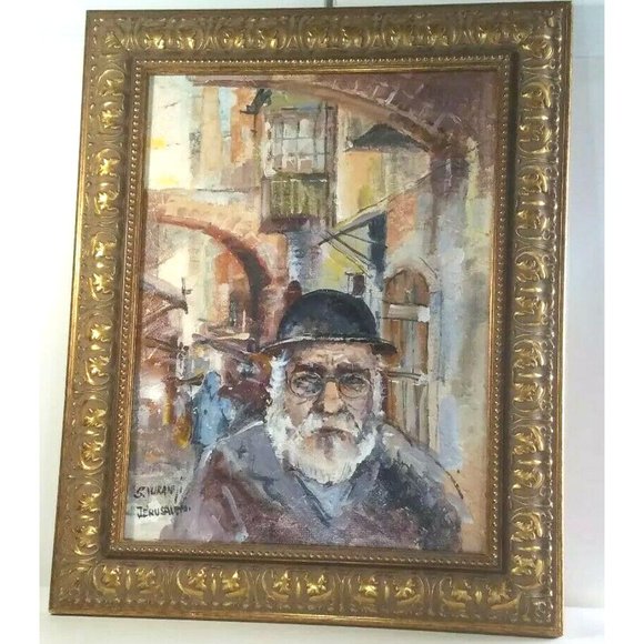 Vintage Old Man Portrait Oil Painting on Board Signed S. Vuranyi Jerusalem 21" - Picture 1 of 11